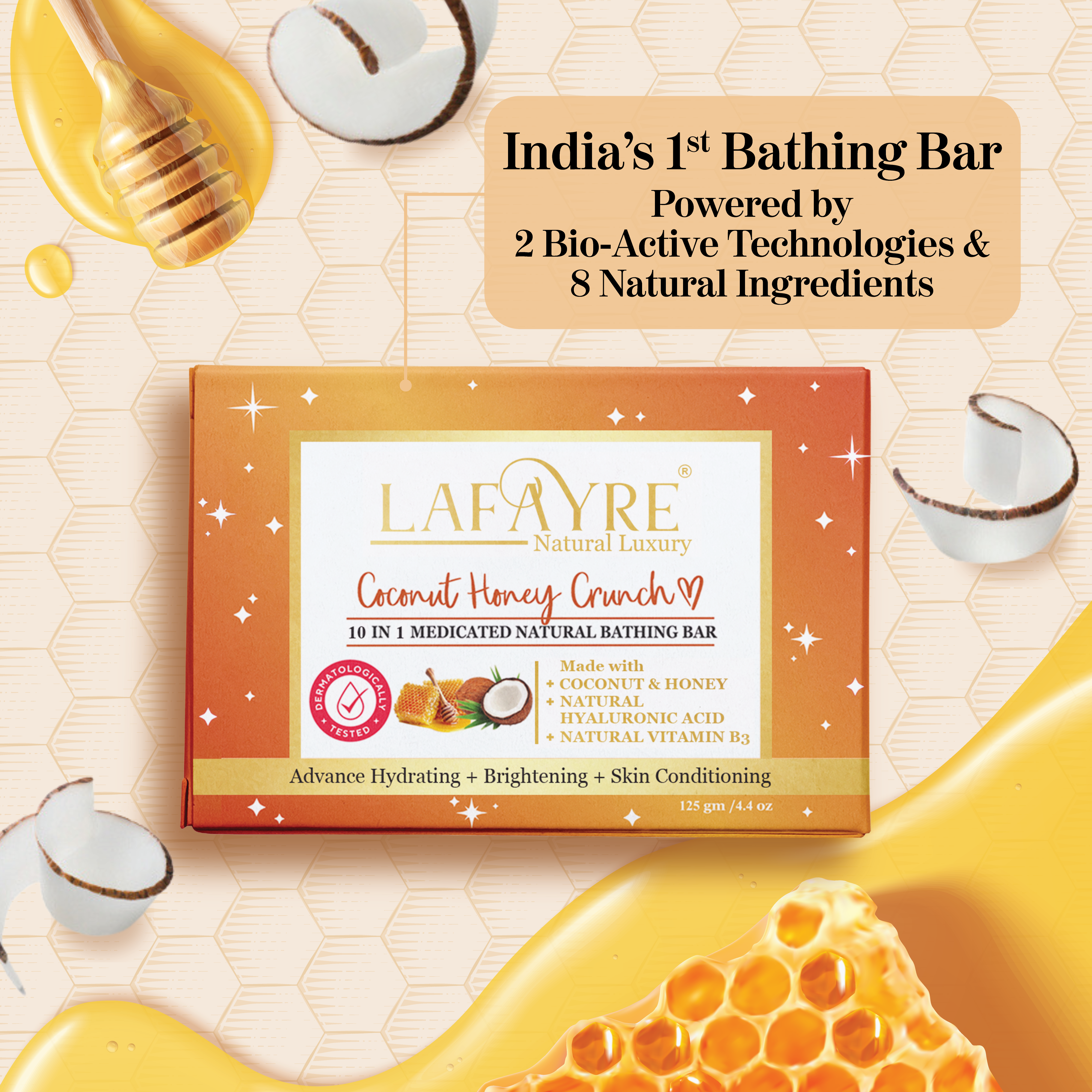Coconut & Honey Crunch - 10 in 1 Medicated Face & Body Bar - 75 gm / 125 gm - LAFAYRE