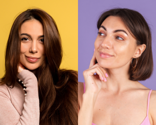 a collage of two women on yellow and purple bckgrounds