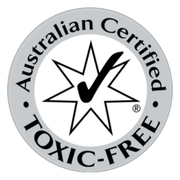 a white circle with Toxic Free logo of Safe Cosmetics Australia