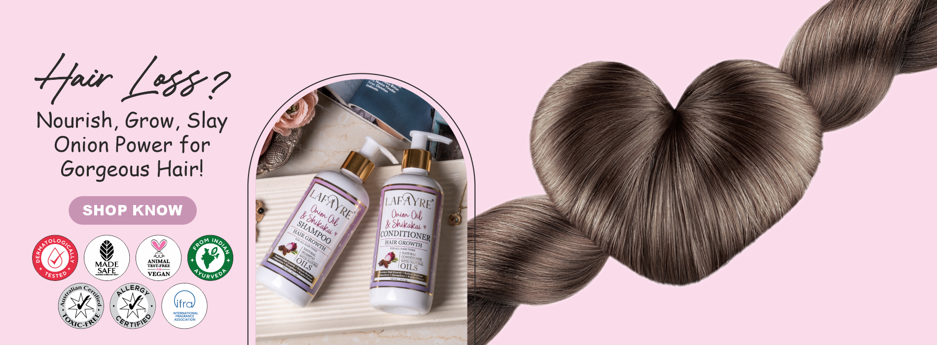 a close up of strong hair strands and lafayre onion and shikaki shampoo and conditioner