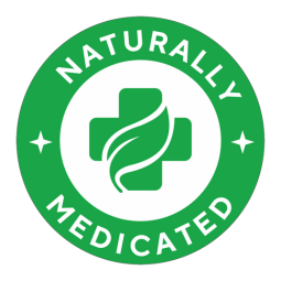 a white circle with green coloured plus sign and leaf in center and green border with text Naturally Medicated