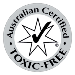 a white circle with Toxic Free logo of Safe Cosmetics Australia 