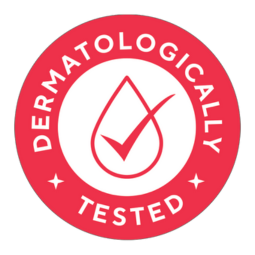 a white circle with red border with text dermatologically tested