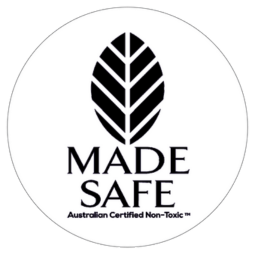 a white circle with Made Safe logo of Safe Cosmetics Australia 