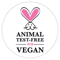 a white circle with Animal test free and vegan logo of PETA