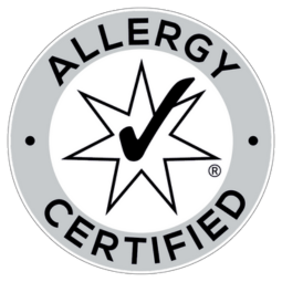 a white circle with  Allergy Certified logo of Safe Cosmetics Australia 