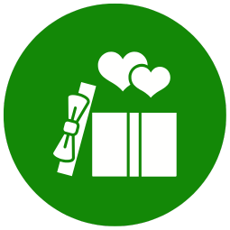 a green circle with a white icon of open gift box with hearts coming out