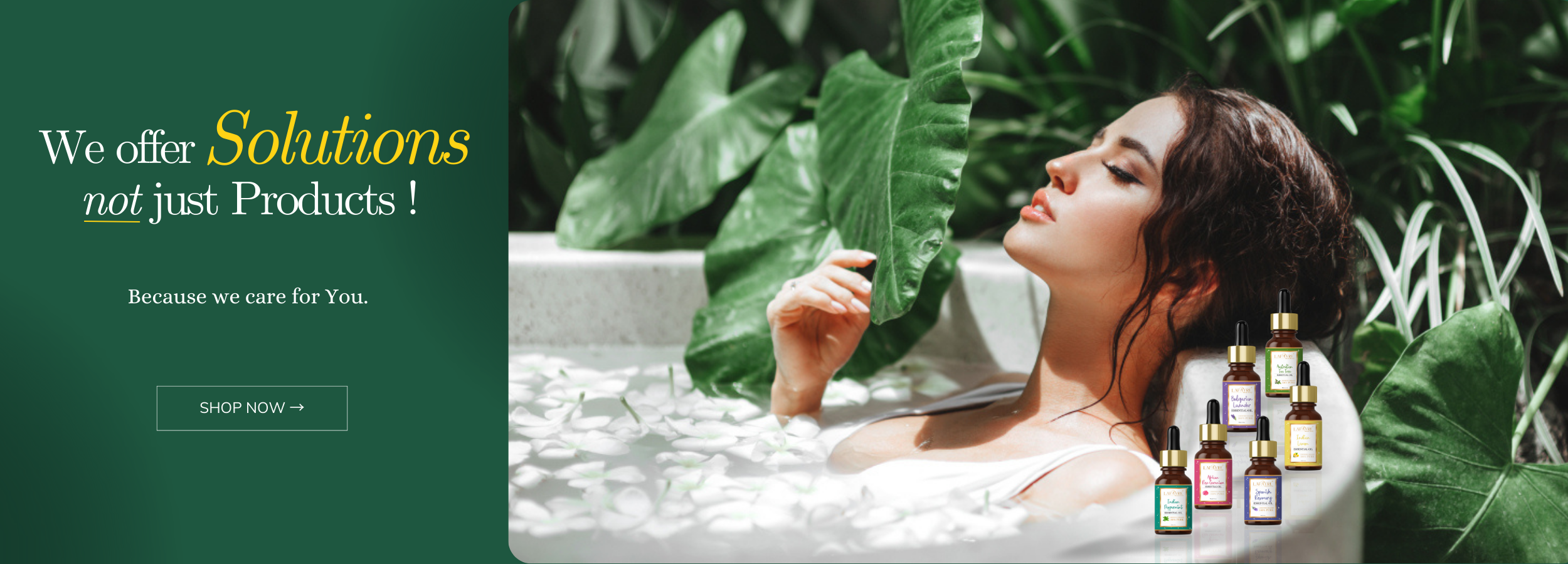 a woman in a bathtub with flowers and lafayre 100% pure essential oils with heading we offer solutions not just products because we care for you